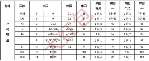 欧亚专线欧洲w码欧洲服装尺码对照表